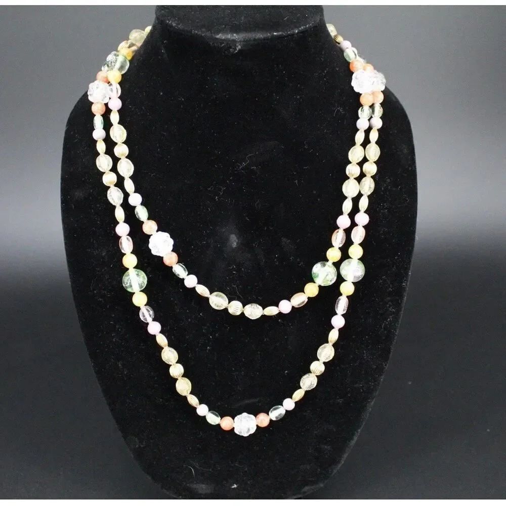 VTG Oscar De La Renta Signed 49” Long Double Strand Beaded Necklace Pastel